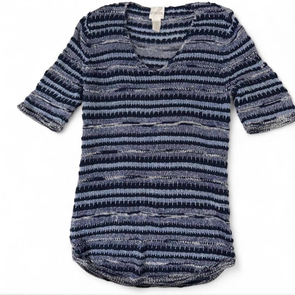 Chico's Navy and Gray Sheer Shimmery Striped Short Sleeve Top